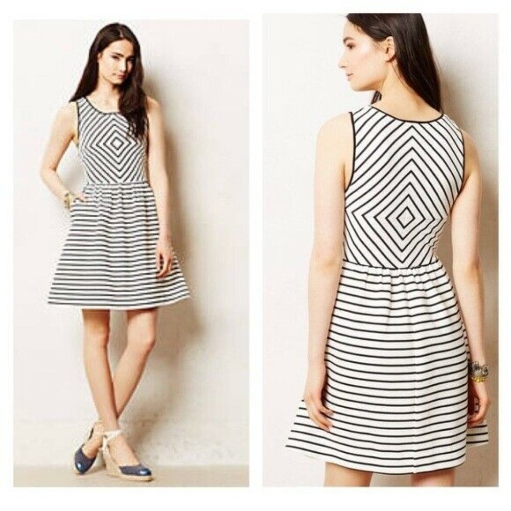 Maeve Anthropologie Black & White Mitred Striped Fit & Flare Dress Size 0